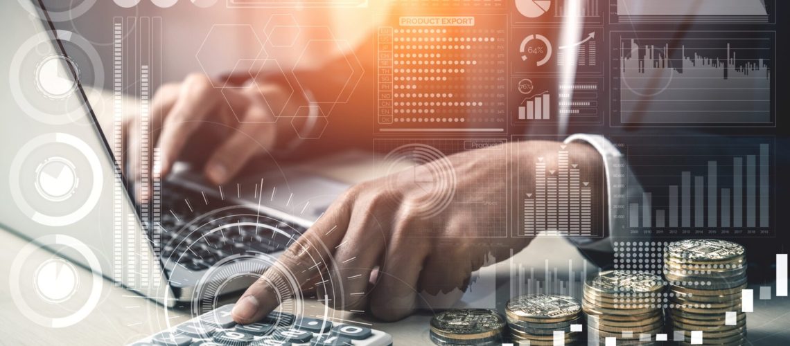 Data Analysis for Business and Finance Concept. Graphic interface showing future computer technology of profit analytic, online marketing research and information report for digital business strategy.