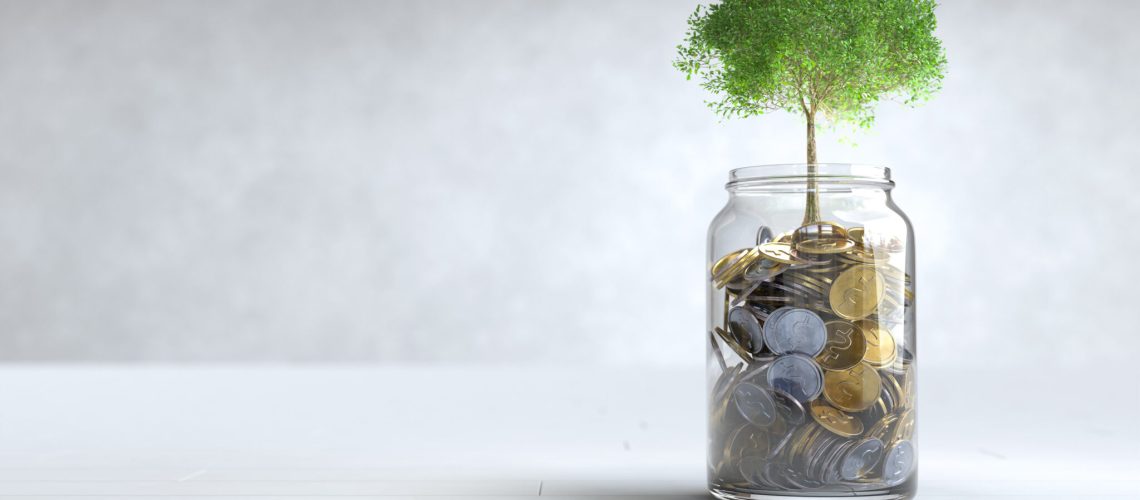 A tree grows on a coin in a glass jar, Money saving concept. 3D illustration